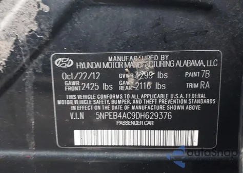 2013 Hyundai Sonata Gls z USA, uszkodzony, nr VIN 5NPEB4AC9DH629376